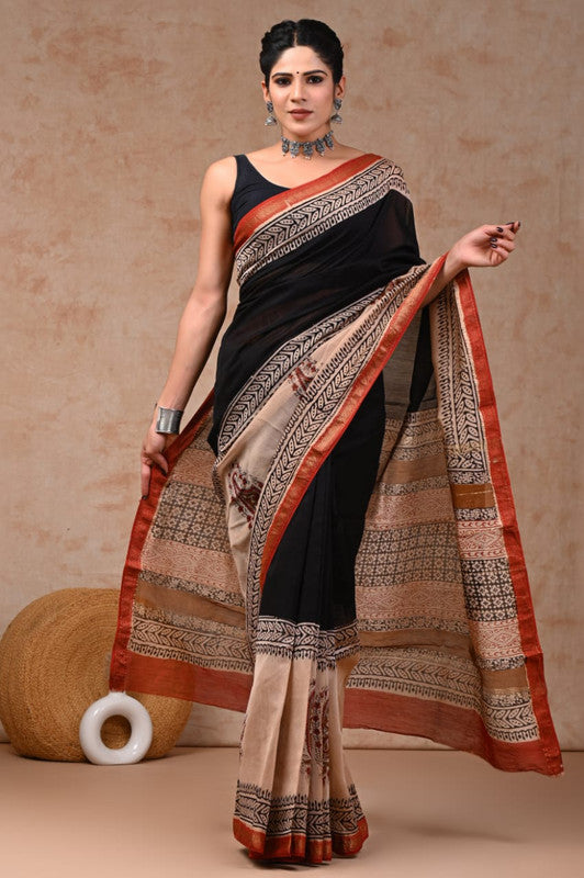 Black & Multi Coloured Hand Block Printed Women Designer Party wear Maheshwari Cotton Silk Saree with Runnin Blouse!!