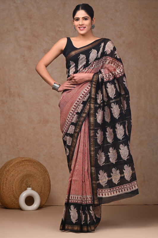 Black & Multi Coloured Hand Block Printed Women Designer Party wear Maheshwari Cotton Silk Saree with Runnin Blouse!!