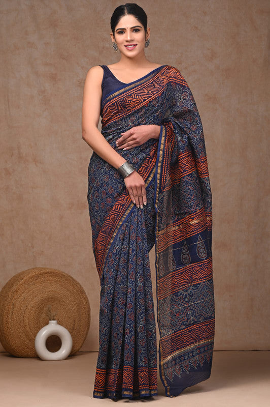 Navy Blue & Multi Coloured Hand Block Printed Women Designer Party wear Chanderi Cotton Silk Saree with Runnin Blouse!!