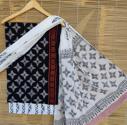 Black & White Coloured Unstitched Pure Cotton Hand Block Printed Women Party/Daily wear Dress Material Suit- Top with Bottom & Cotton Dupatta!!