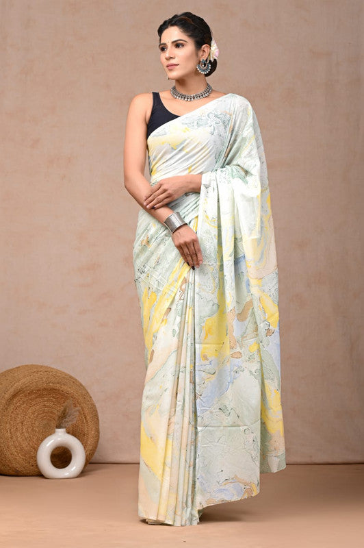 Light Green & Multi Coloured Hand Block Bagru, Dabu & Batik Dye Print Women Designer Party wear Pure Cotton Saree with Runnin Blouse!!