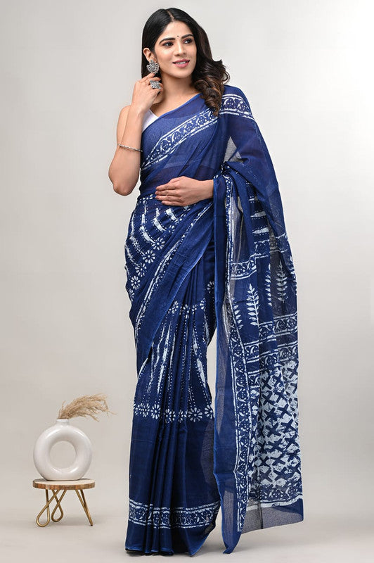 Blue & White Coloured Beautiful Hand Block printed Women Daily/Party wear Pure Cotton Saree with Blouse!!