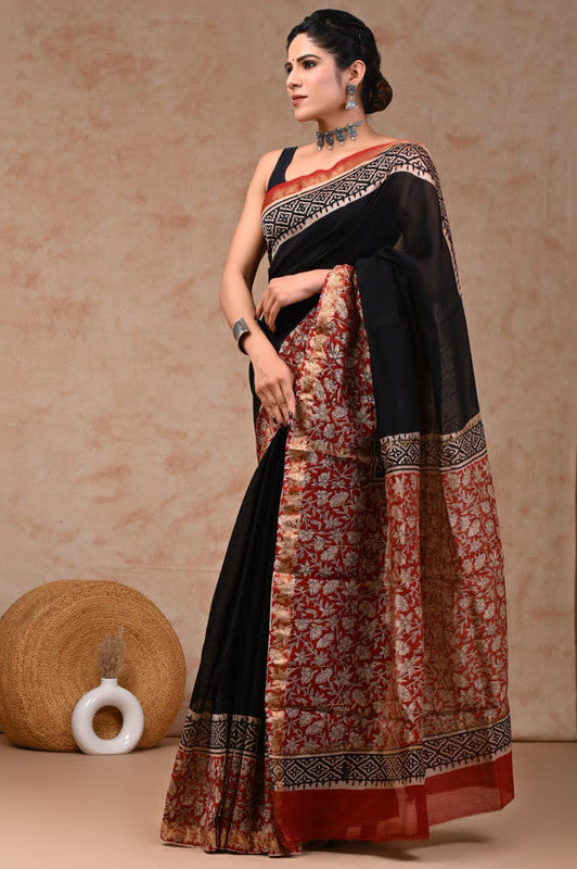 Black & Multi Coloured Hand Block Printed Women Designer Party wear Maheshwari Cotton Silk Saree with Runnin Blouse!!