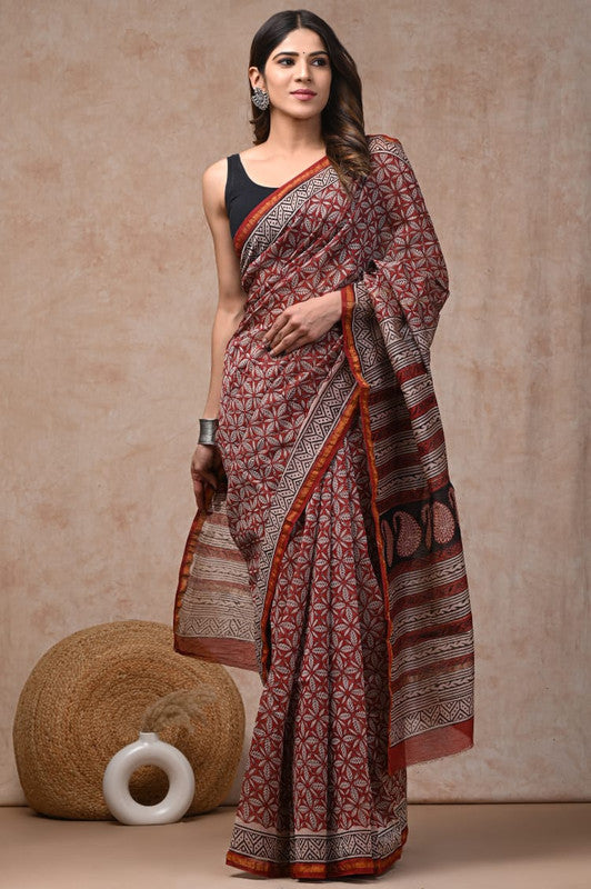 Maroon & Multi Coloured Hand Block Printed Women Designer Party wear Chanderi Cotton Silk Saree with Runnin Blouse!!