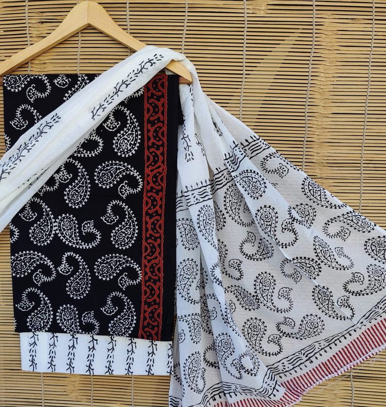 Black & White Coloured Unstitched Pure Cotton Hand Block Printed Women Party/Daily wear Dress Material Suit- Top with Bottom & Cotton Dupatta!!