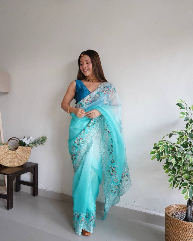 Aqua Blue & Multi Coloured Pure Organza Silk with Double shaded Print, Sequence & Hand Women Festival/Party wear Designer Organza Silk Saree with Blouse!!