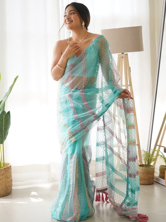 Aqua Blue & Multi Coloured Heavy Butterfly Net with Multy Colour Thread And Sequence Embroidery Work Women Designer Party wear Fancy Net Saree with Blouse!!