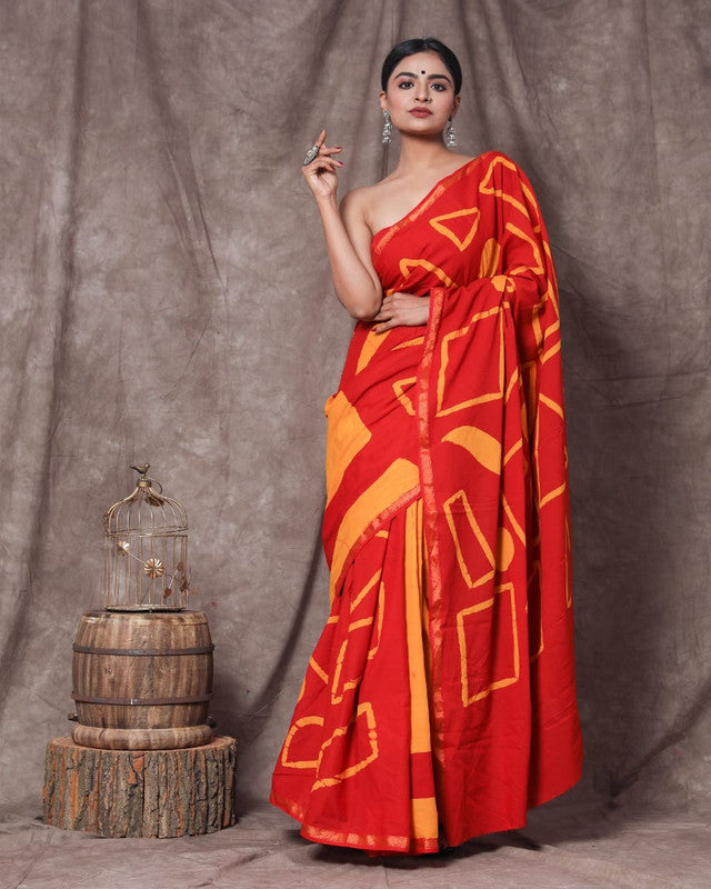 Red Coloured Cotton Jari Border Saree with Blouse!!