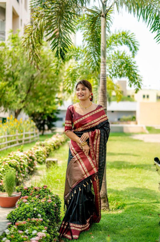 Black & Maroon Coloured Exclusive Soft Raw Silk with Contrast Temple woven Border Women Party wear Soft Raw Silk Saree with Blouse!!