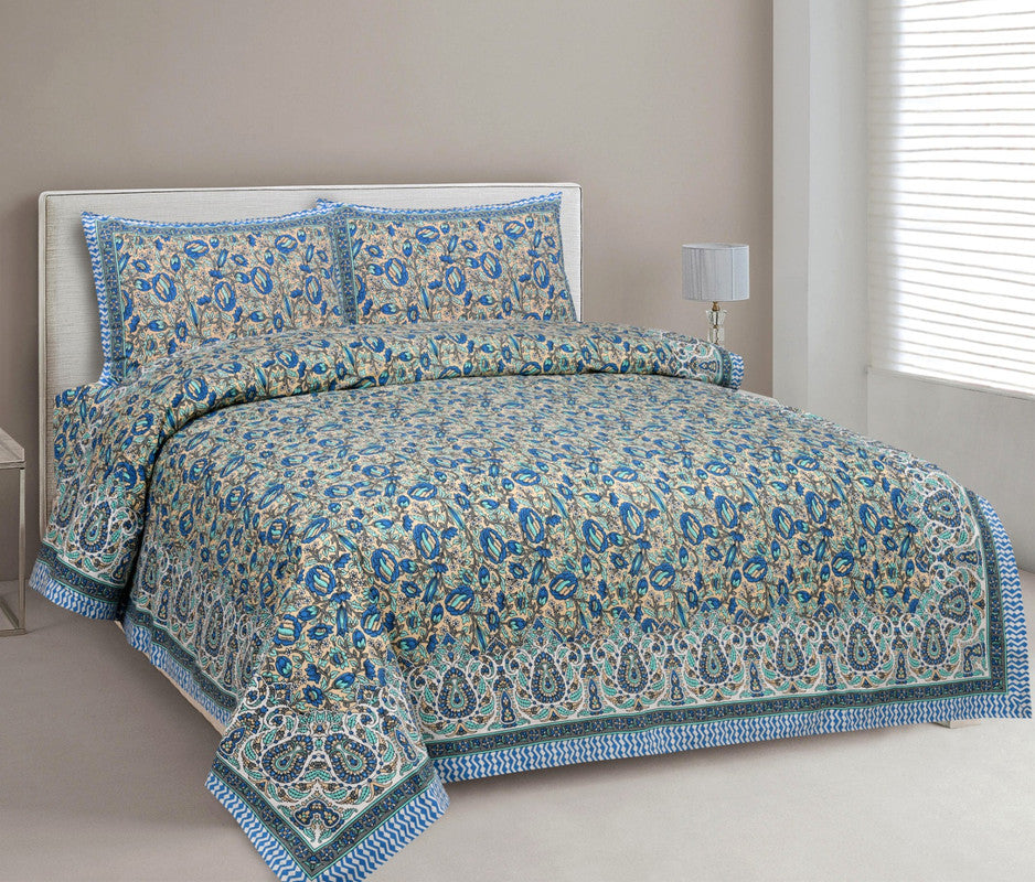 Blue & Multi Coloured Pure Cotton Beautiful Hand Printed Queen size Double Bed sheet with 2 Pillow covers!!