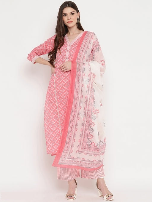 Pink & White Coloured Premium Rayon Cotton Digital Printed Women Designer Party wear Kurti with Pant & Dupatta!!