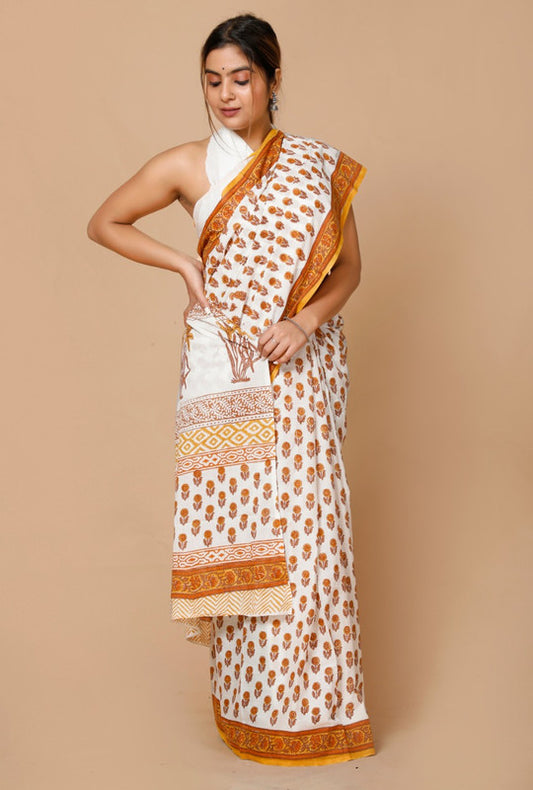 HAND BLOCK  PRINTED COTTON SAREE WITH BLOUSE!!