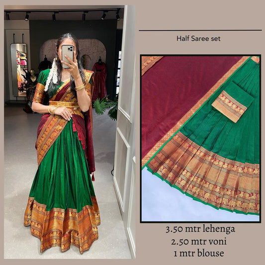 Green & Multi Coloured Premium Cotton Silk with Zari Weaving Work Woman Designer Party wear Half Saree Set!!