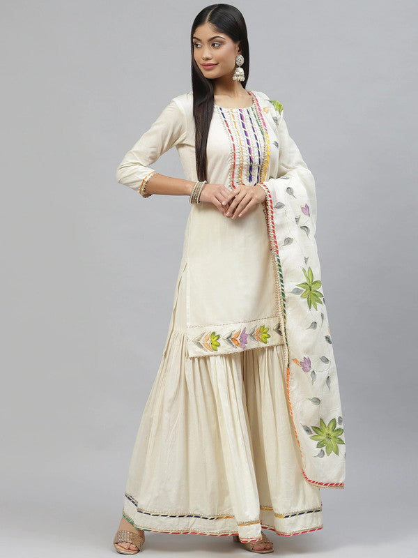 Cream Coloured Pure Cotton  Yoke Design Gotta patti Solid Straight Shape Round neck 3/4Sleeves Women Designer Party/Daily wear Kurti with Sharara & Cotton Dupatta!!