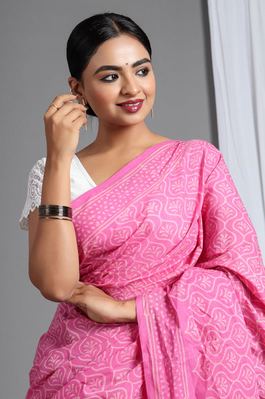 Pink & White Coloured Pure Cotton Beautiful Hand Block printed Women Daily/Party wear Saree with Blouse!!