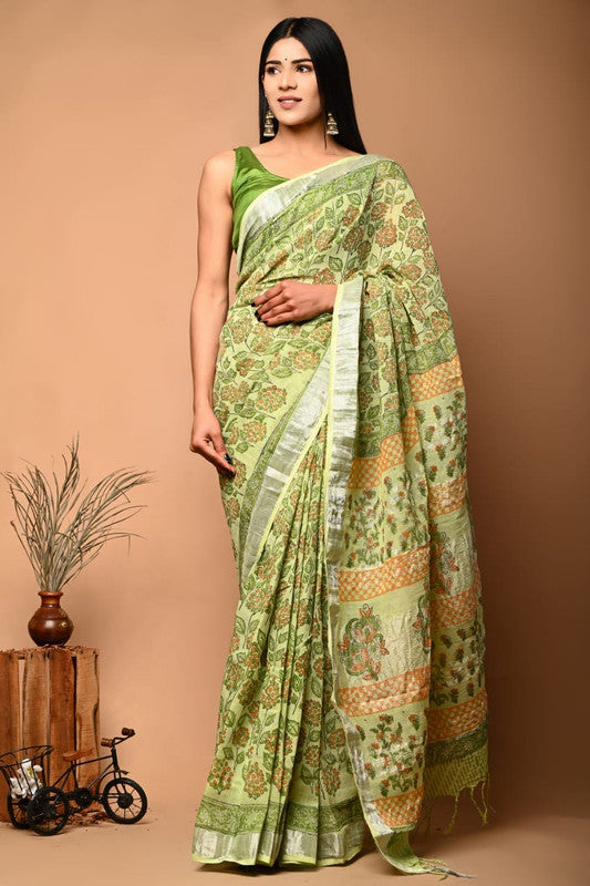 Light Green & Multi Coloured Linen Cotton Beautiful Hand Block printed Women Daily/Party wear Saree with Blouse!!