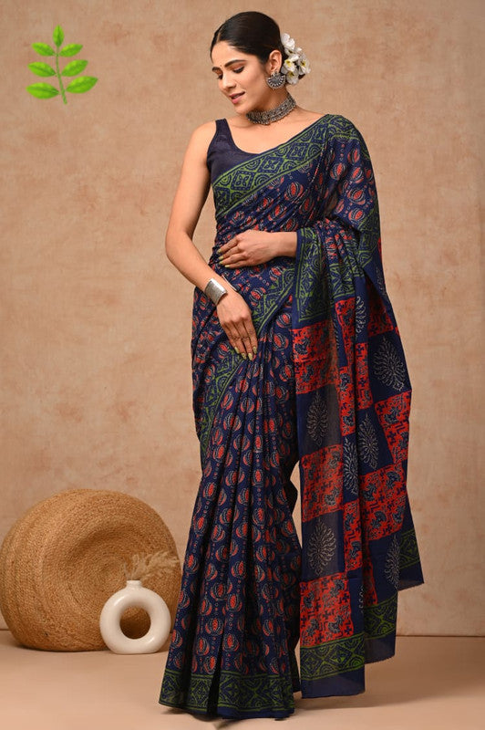 Blue & Multi Coloured Beautiful Hand Block printed Women Daily/Party wear Pure Cotton Saree with Blouse!!