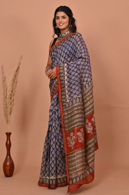 Blue & Multi Coloured Hand Block Printed Women Designer Party wear Chanderi Cotton Silk Saree with Runnin Blouse!!