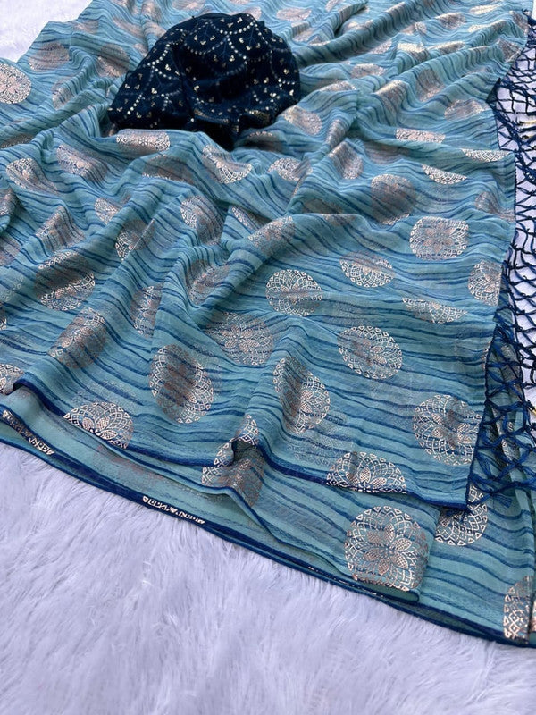 Rama Blue Coloured Premium Georgette with Jacquard Foil Work Women Party wear Designer Georgette Saree with Blouse!!