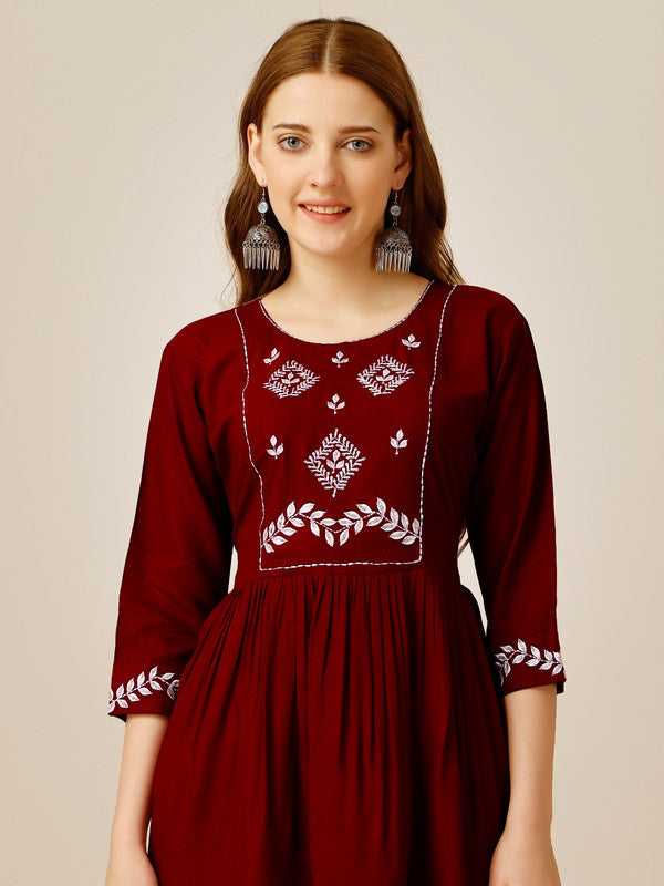 Marron Coloured Premium Rayon with Embroidery & Sequence Work Round Neck 3/4 Sleeves work Women Party/Daily wear Western Top!!