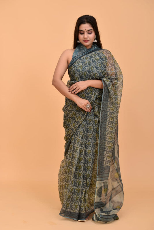 Green & Multi Coloured Kota Doria Cotton with Ajrakh Hand block Print Women Designer Party wear Kota Doria Cotton Saree with Blouse!!