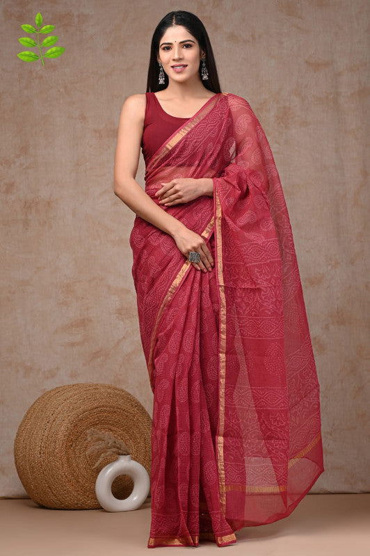 Maroon & Multi Coloured Kota Doriya Cotton Beautiful Hand Block printed Women Daily/Party wear Saree with Blouse!!