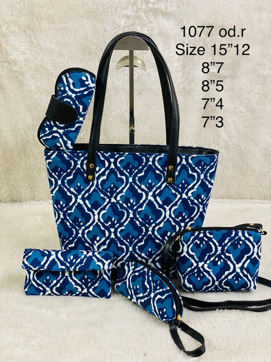 Blue & White Coloured Pure Cotton Printed Women Hand Bang- 5 PCS Combo( Tote Bag, Sling Bag, Envelop Purse, Key Pouch & Sunglass Cover)!!