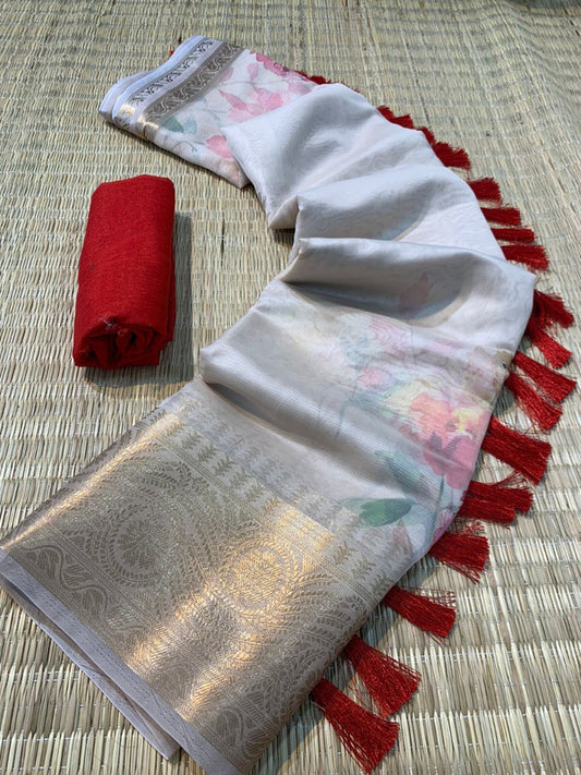 Light Grey & Multi Coloured Pure Organza Silk with Pichwai print with Sequence Chitt Pallu with 5 inch Gold Weaved Border Women Party wear Silk Saree with Blouse!!