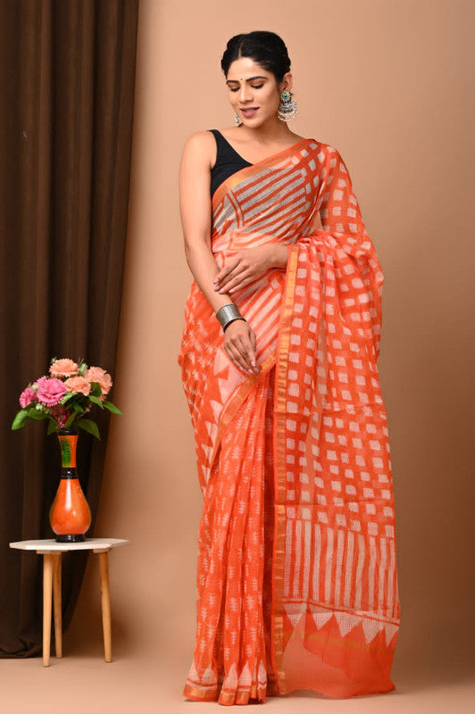 Orange & White Coloured Beautiful Hand Block printed Women Daily/Party wear Kota Doriya Cotton Saree with Blouse!!