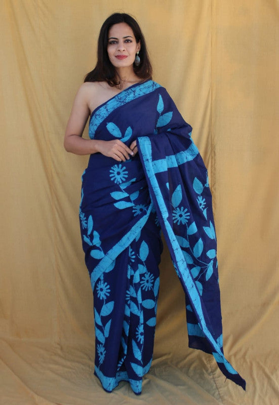 Navy Blue & Sky Blue Coloured Pure Cotton Beautiful Hand Block printed Women Daily/Party wear Saree with Blouse!!