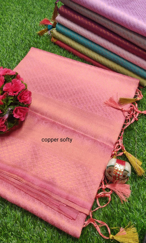 FABULOUS  SOFT SILK FABRIC WITH COPPER JARI N SELF BORDER