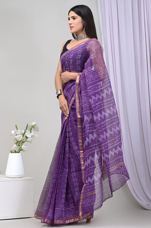 Purple & Multi Coloured Kota Doriya Cotton Beautiful Hand Block printed Women Daily/Party wear Saree with Blouse!!