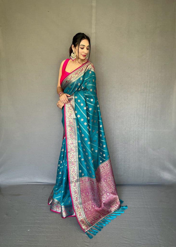 Designer Georgette Saree in Sky Blue and Hot Pink with Gota Patti and Tikki  - Rana's by Kshitija