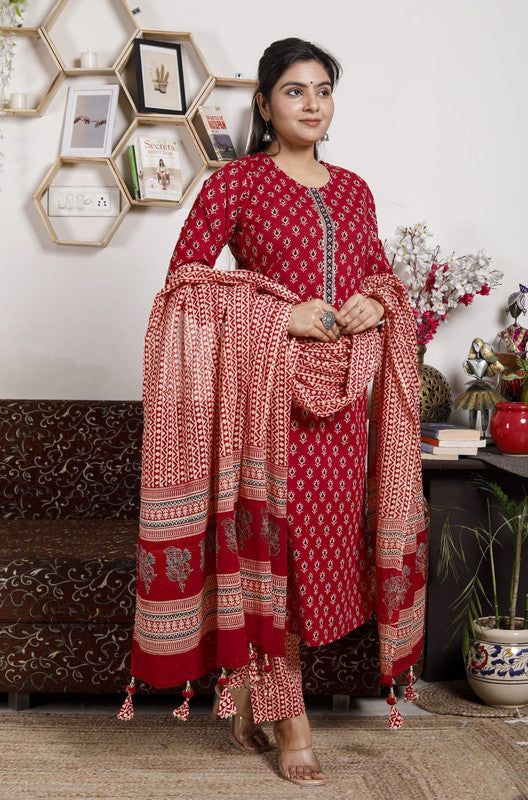 Maroon Coloured Exclusive Pure Cotton Printed Designer Partywear Kurti with Salwar & Dupatta with Tassels!!