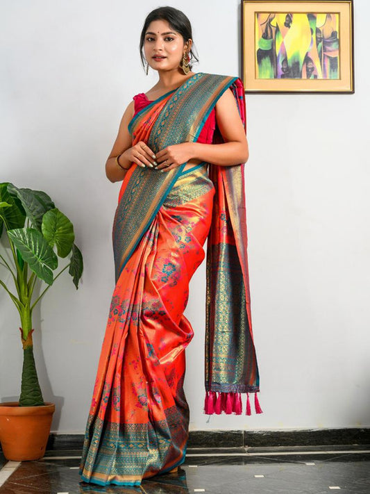 Orange & Blue Coloured Antique Weaving Heavy Golden Contrast Big Border Women Designer Party wear Pure Soft Kanjivaram Silk Saree with Blouse!!