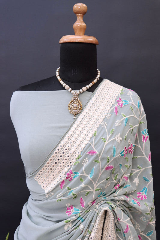 Pure faux Georgette with heavy embroidery & mirror work Saree!!