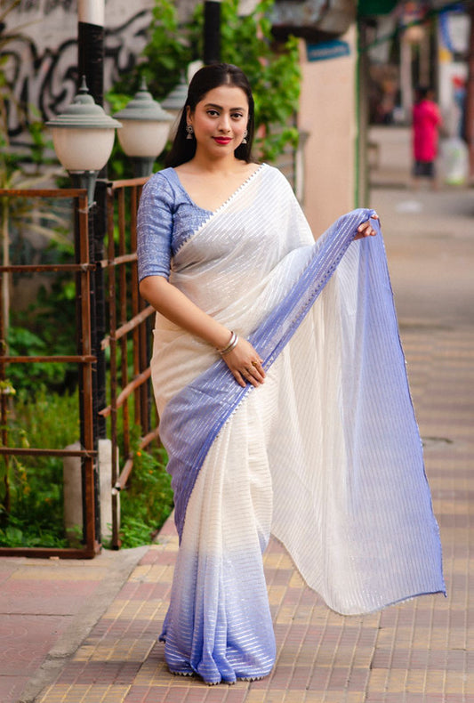 Lavender & White Coloured Exclusive Silver Zari woven lining Shade color Women Party wear Soft Silver Chiffon Saree with Blouse!!