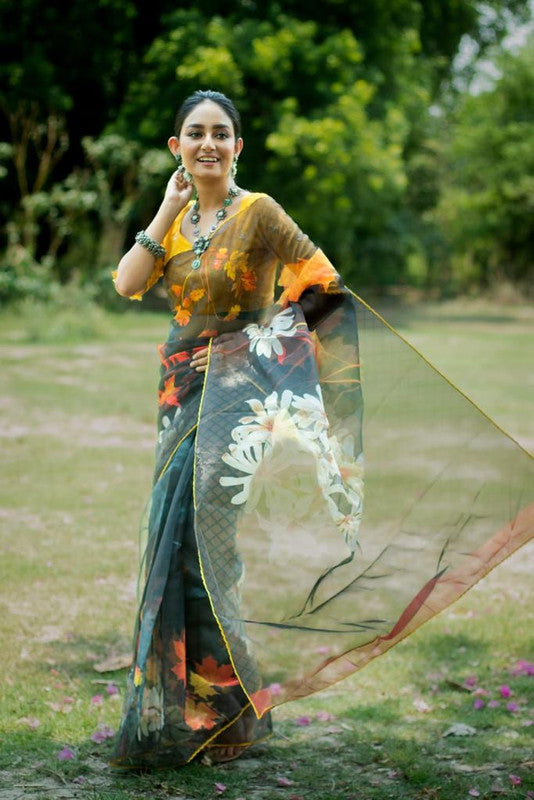 Yellow & Multi Coloured Pure Soft Oranza Silk with stylish Print & Fancy Border Women Party wear Oranza Silk Saree with Blouse!!