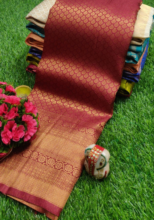 FABULOUS  SOFT SILK FABRIC WITH COPPER JARI AND CONTRAST BORDER &  RICH GRAND PALLU,