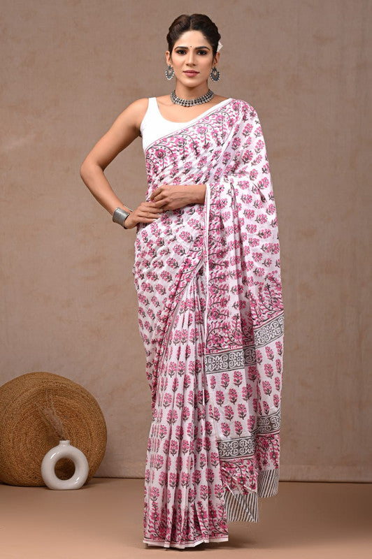 White & Pink Coloured Hand Block Bagru, Dabu & Batik Dye Print Women Designer Party wear Pure Cotton Saree with Runnin Blouse!!