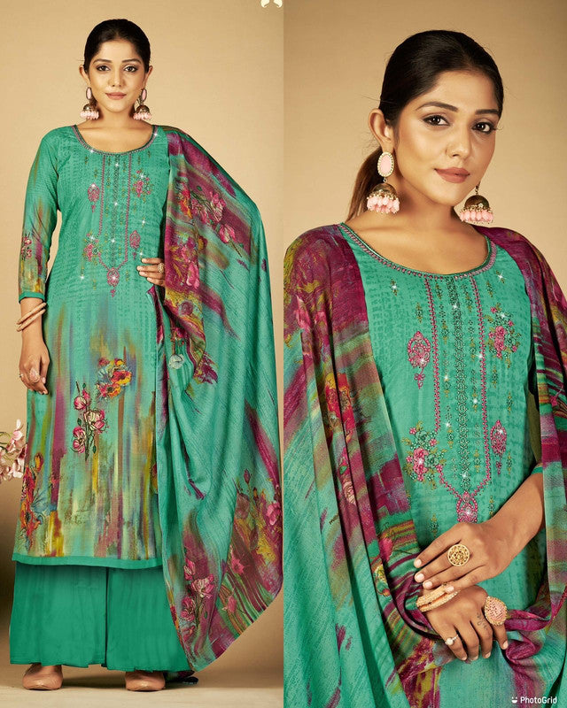 Dark Rama Green Coloured Premium Soft Cotton Printed Embroidery Work & Swarovski work Top with Plazzo & Dupatta Set!!