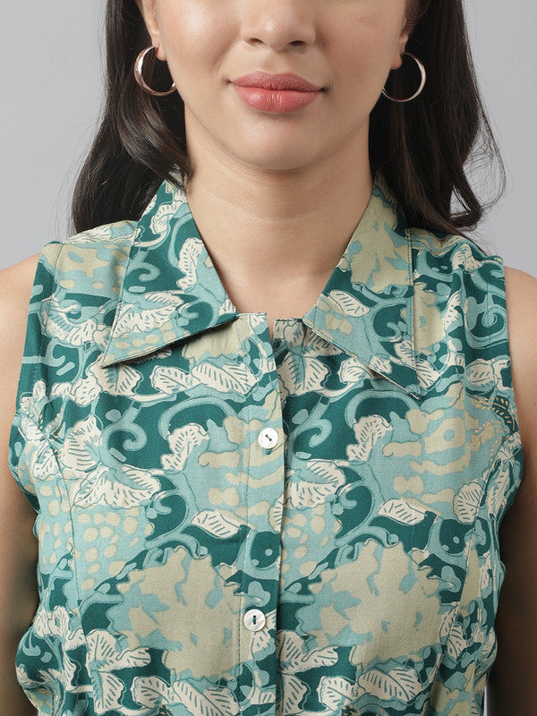 Green Coloured Pure Cotton Floral Printed Shirt collar Sleeveless Women Party/Daily wear Western Midi Dress!!