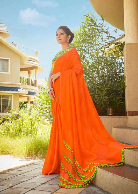 Orange Coloured Jute Linen Cotton Saree with Pompom Border!!