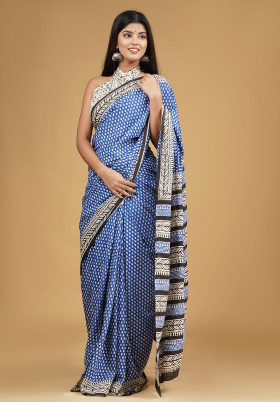 Blue & Multi Coloured Pure Cotton with Beautiful Hand Block Printed Women Party/Daily wear Designer Cotton Saree with Blouse!!