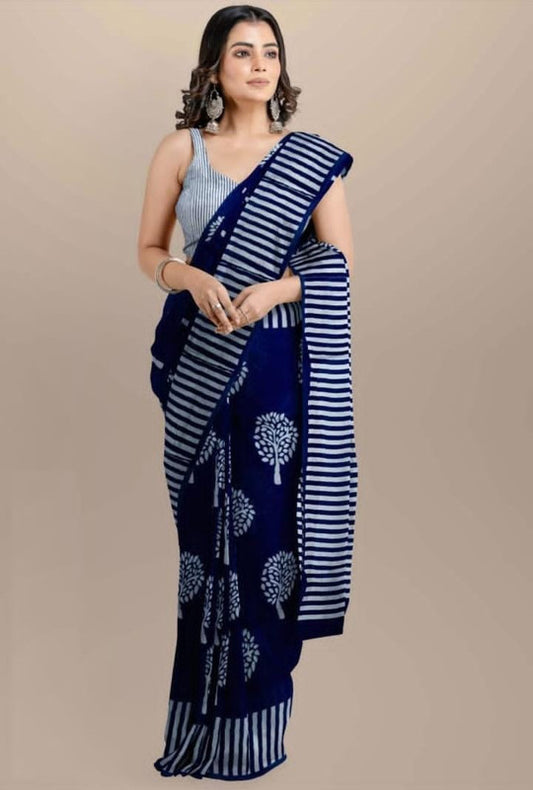 Navy Blue & White Coloured Premium Mul Mul Cotton Beautiful Hand Block printed Women Daily/Party wear Saree with Blouse!!