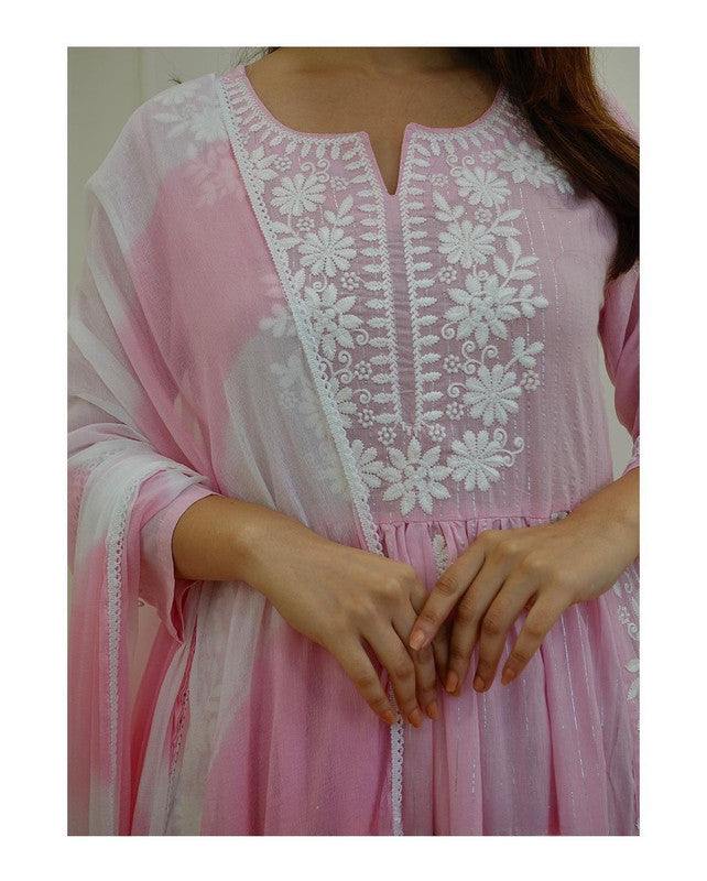 Pink & White Coloured Pure Cotton with Elegant Chikankari Nayracut Women Designer Daily wear Kurti with Pant & Dupatta!!