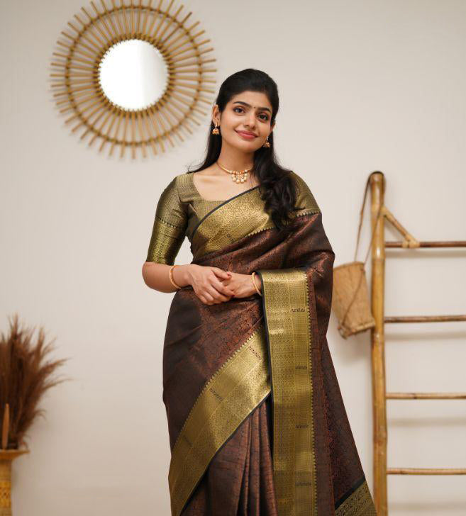 Black Coloured Exclusive Kubera Pattu Women Party wear Pure Kanjivaram Silk Saree with Brocade Blouse!!