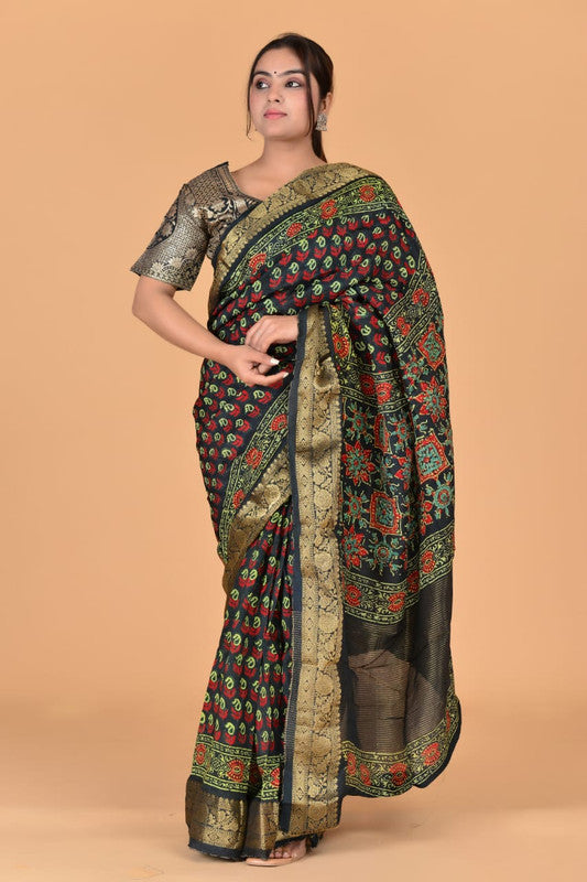 Dark Green & Multi Coloured Hand Block Printed Silk border Chit Pallu Women Designer Party wear Cotton Silk Saree with Zari Blouse!!