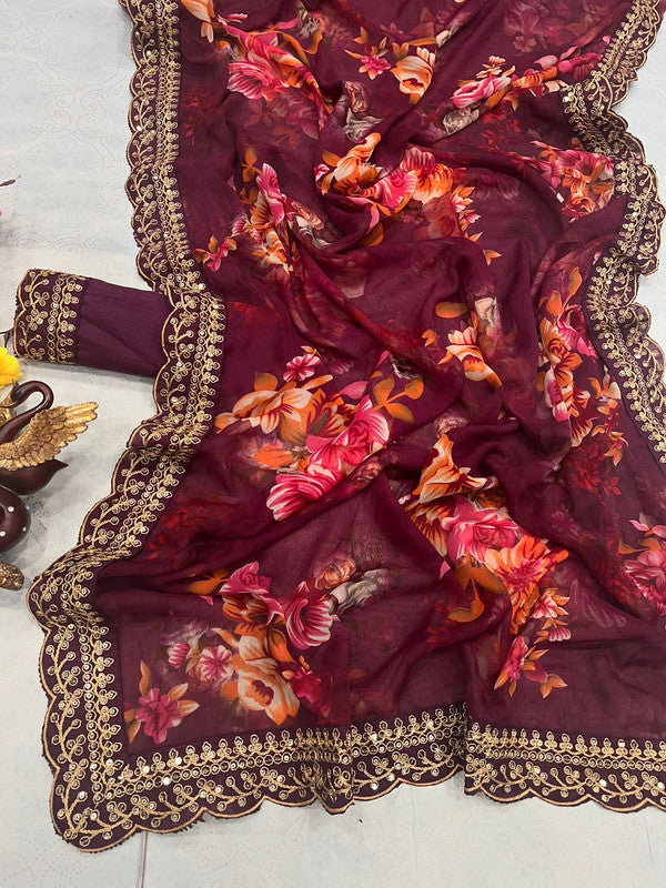 Maroon Coloured Soft Chiffon Beautiful floral Print Sequence Lace border & Embroidery Work Saree with Blouse!!