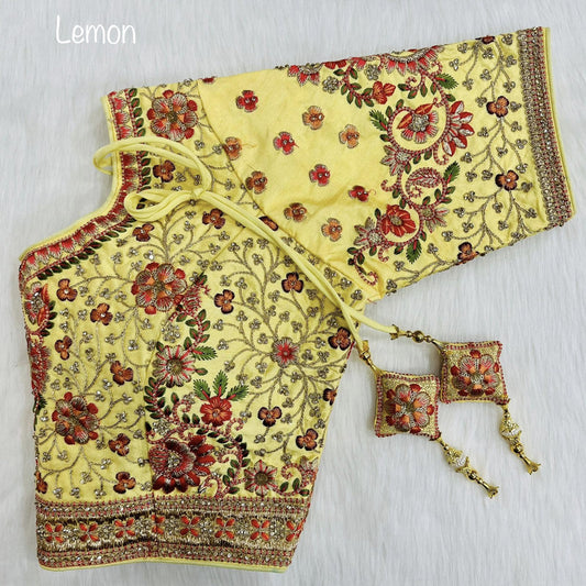 Lemon Pure Silk Heavy Embroidery + Real Zarkan Diamond Work Wedding Readymade Blouse!!